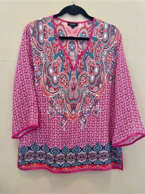 Tolani Silk Paisley Tunic Blouse Pink Teal Boho V-Neck Top Size L